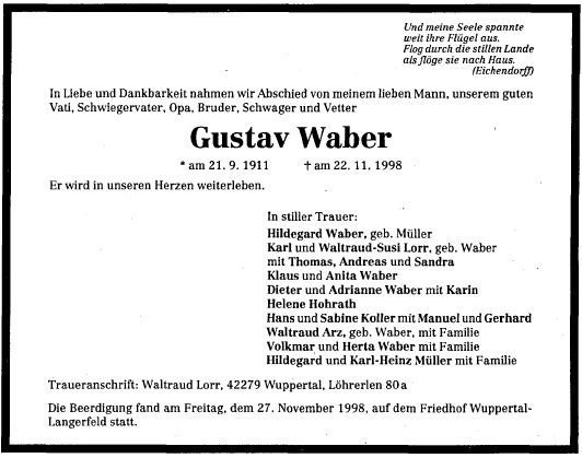 Waber Gustav 1911-1998 Todesanzeige